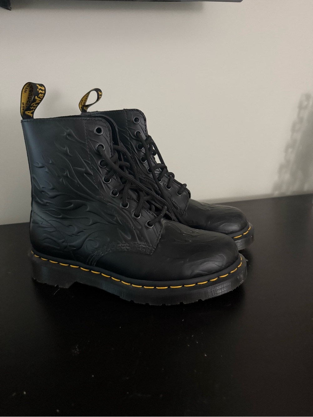 Dr. Martens Black Flame-Embossed Combat Boots with Yellow Stitching